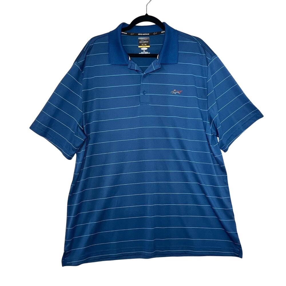 GREG NORMAN Tasso Elba Five Iron Mens XL Blue Striped PlayDry Golf Polo Shirt